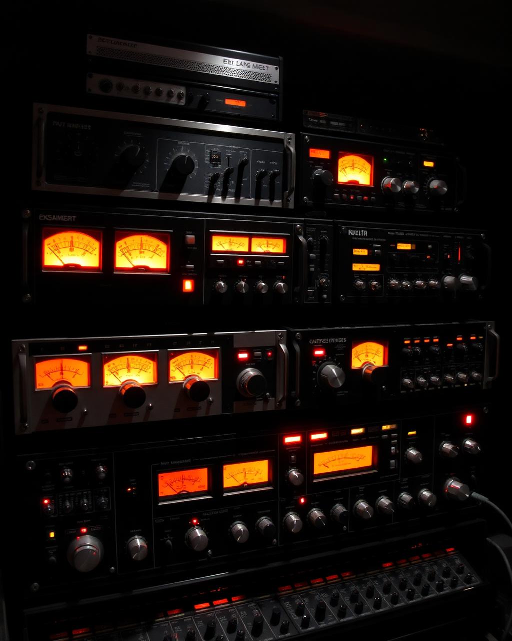 Vintage outboard rack with glowing meters